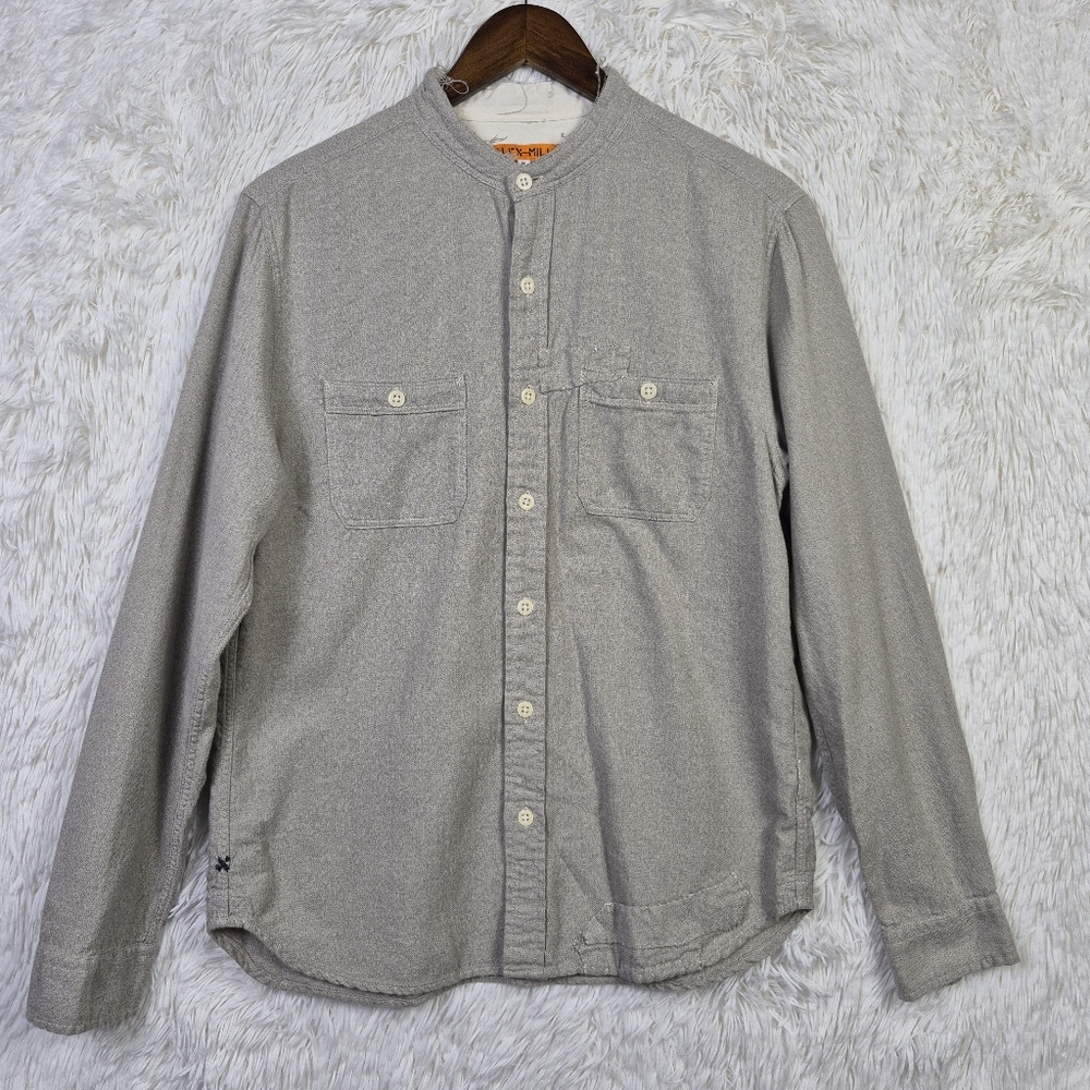Alex Mill Mens M Gray Band Collar Patch Button Up Shirt Distressed Streetwear